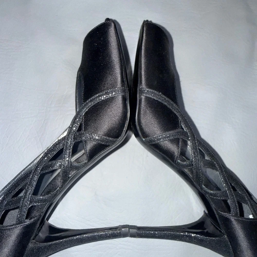 Stuart Weitzman Black Satin Peep Toe Pumps Glitter Lattice Heels Made in Spain 7